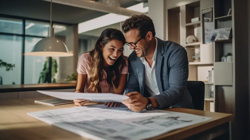 couple smiling and looking at floor plans