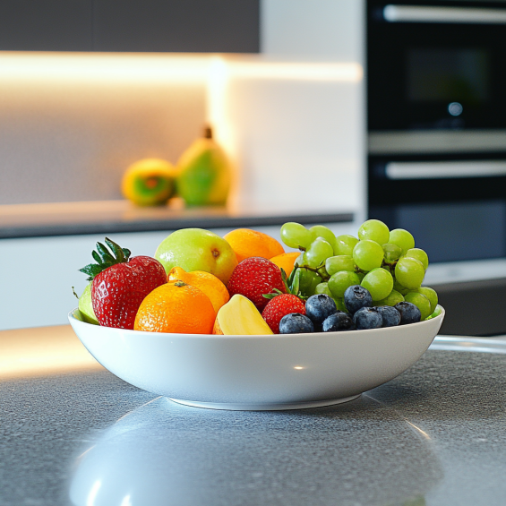 bowl of fresh fruit on the counter example, luxury kitchen